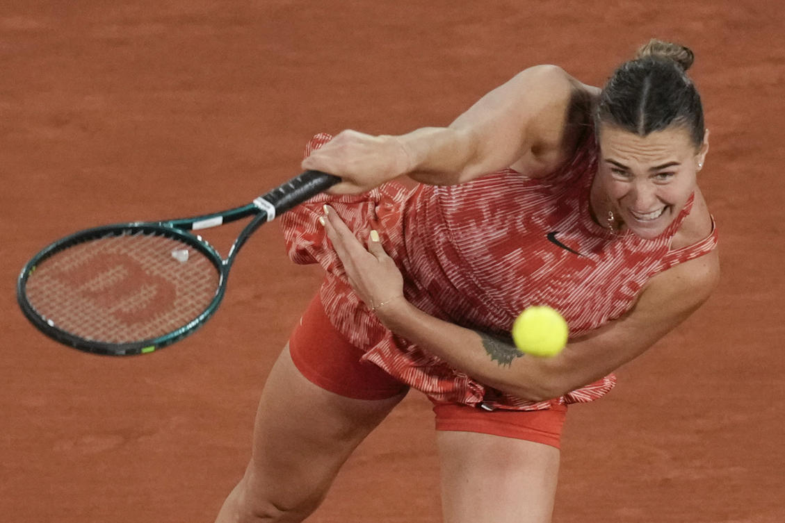 Aryna Sabalenka of Belarus serves against Spain’s Paula Badosa during their third round match of the French Open tennis tournament at the Roland Garros stadium in Paris, on Jun. 1, 2024. (AP)