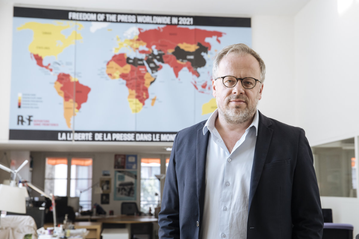 Christophe Deloire, head of RSF (Reporters without borders) stands in front of the 2021 map of press freedom in Paris, France, on April, 20, 2021. (AP Photo/File)