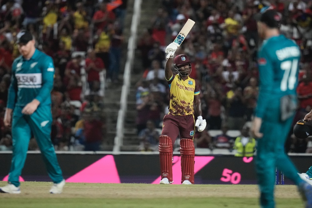 West Indies' Sherfane Rutherford reacts after scoring 50 runs during the men's T20 World Cup cricket match between the West Indies and New Zealand. (AP)