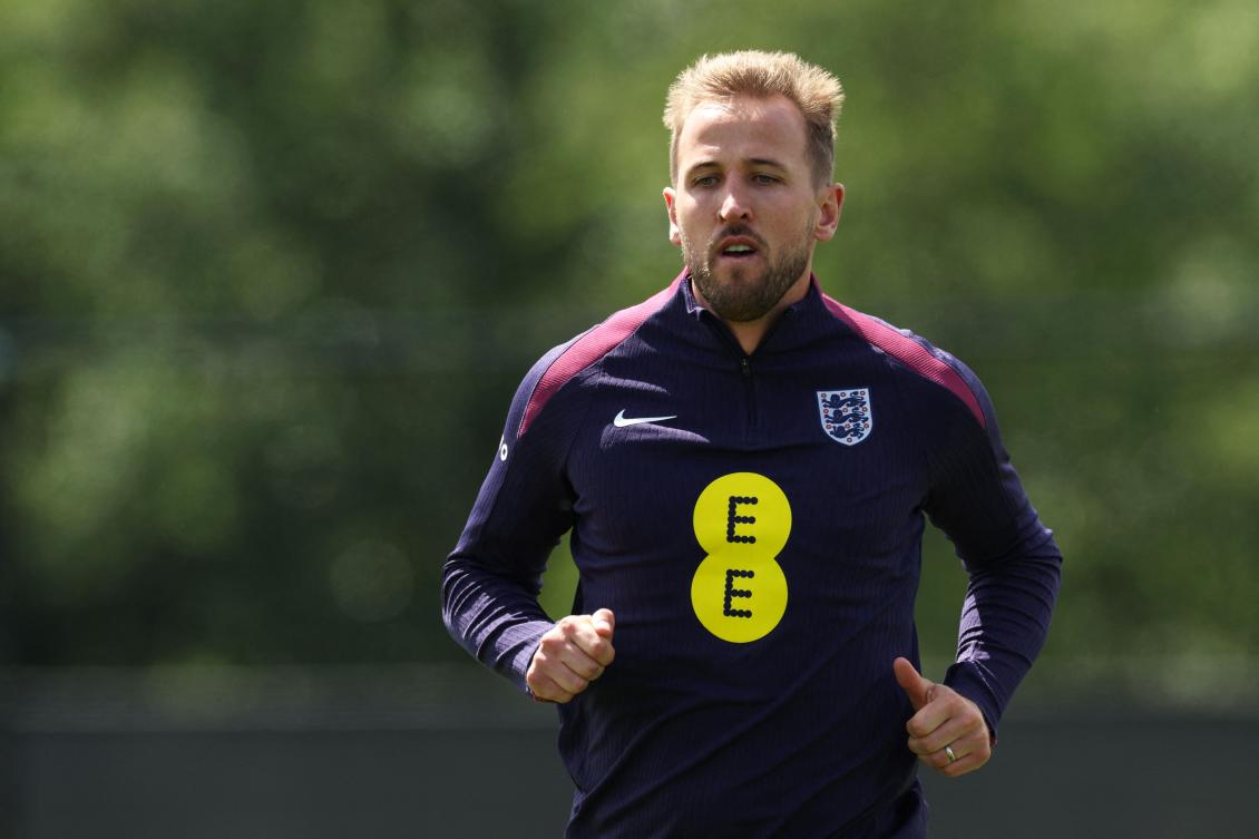England’s forward Harry Kane runs during a training session of ahead of the UEFA Euro 2024 European football Championship, in Blankenhain, Thuringia, on Jun. 13, 2024. (AFP)