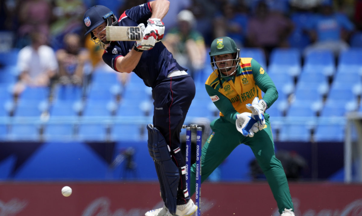 United States' Andries Gous plays a shot during the ICC Men's T20 World Cup cricket match between the United States and South Africa at Sir Vivian Richards Stadium in North Sound, Antigua and Barbuda, Wednesday, June 19, 2024. (AP)