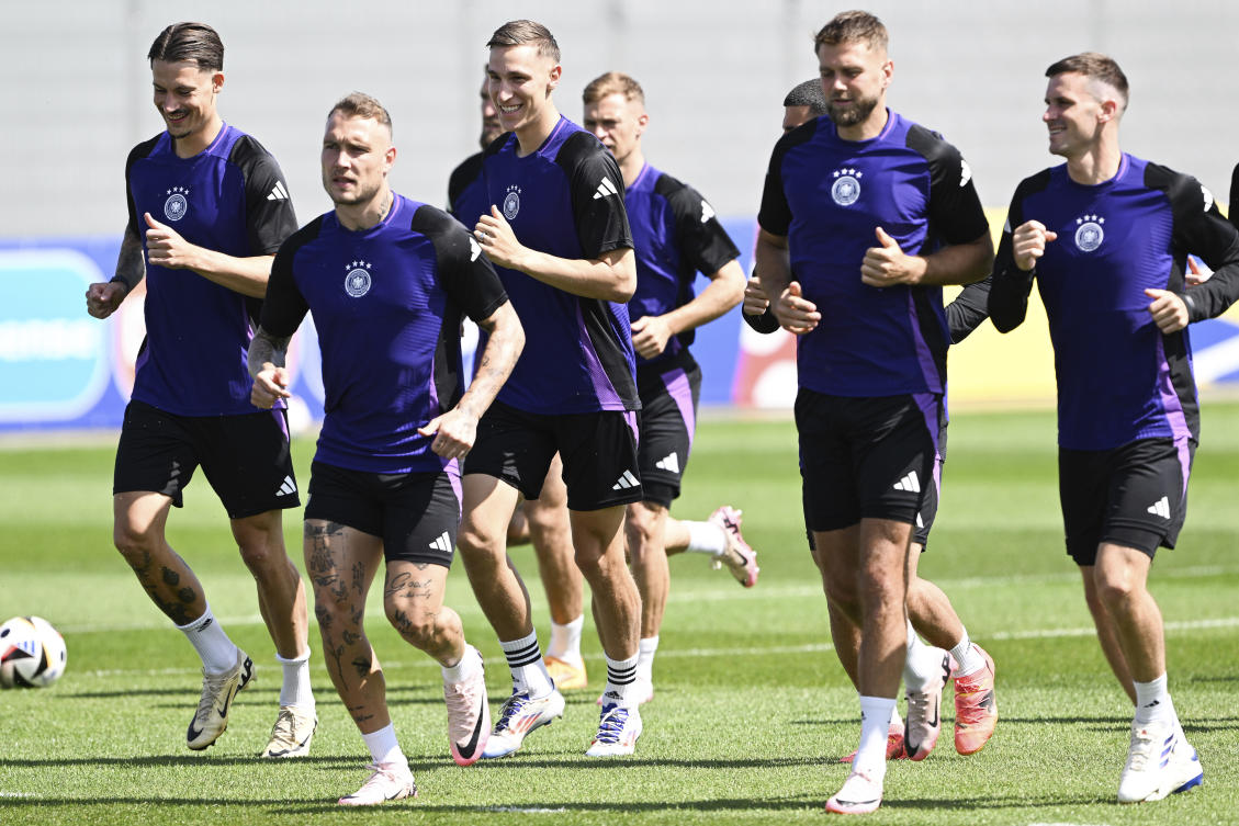 Germany’s Robin Koch, David Raum, Nico Schlotterbeck, Niclas Fullkrug and Pascal Gross attend a training session in Herzogenaurach, Germany, on Jun. 22, 2024, ahead of their match against Switzerland on June 23. (AP)