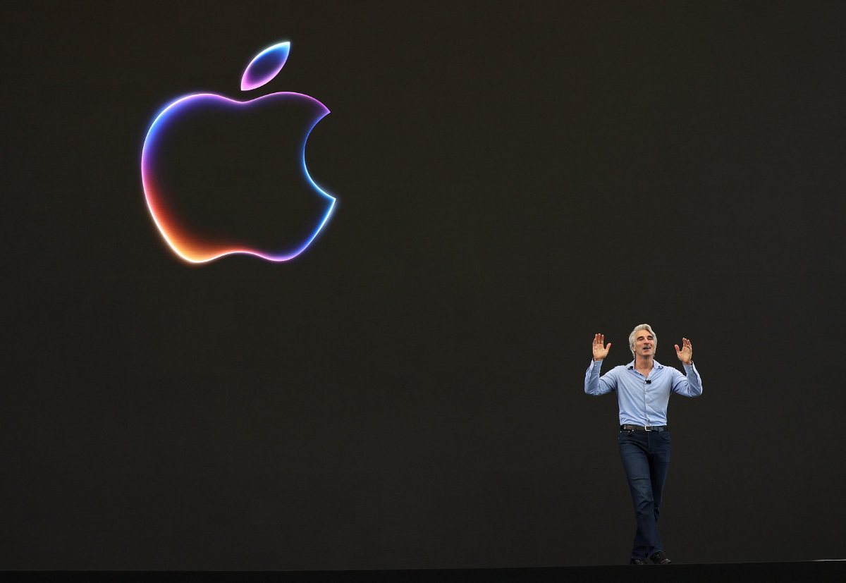 Apple senior vice president of software engineering Craig Federighi speaks at the start of the Apple Worldwide Developers Conference on June 10, 2024 in Cupertino, California. (Getty Images/AFP)