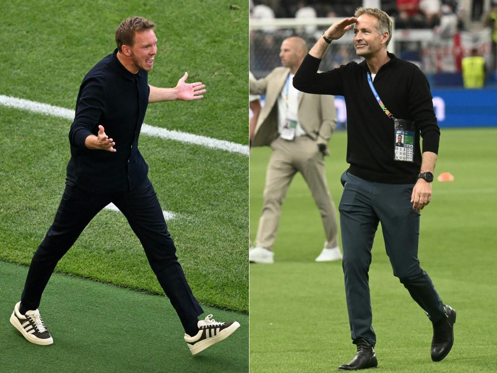 This combination of pictures created on Jun. 26, 2024 shows Germany’s head coach Julian Nagelsmann and Denmark’s head coach Kasper Hjulmand. Germany will play against Denmark during the Euro 2024 round of 16 at the BVB Stadion in Dortmund on Jun. 29, 2024. (AFP)