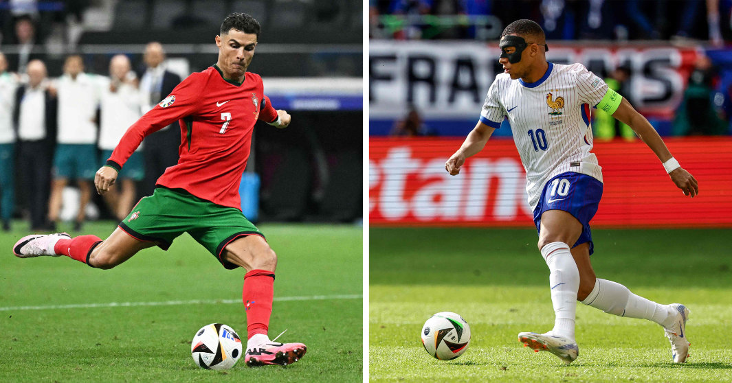 Portugal's forward #07 Cristiano Ronaldo and France's forward #10 Kylian Mbappe go head to head when Portugal play against France in a UEFA Euro 2024 quarterfinal at the Volksparkstadion Hamburg on Friday. (AFP)