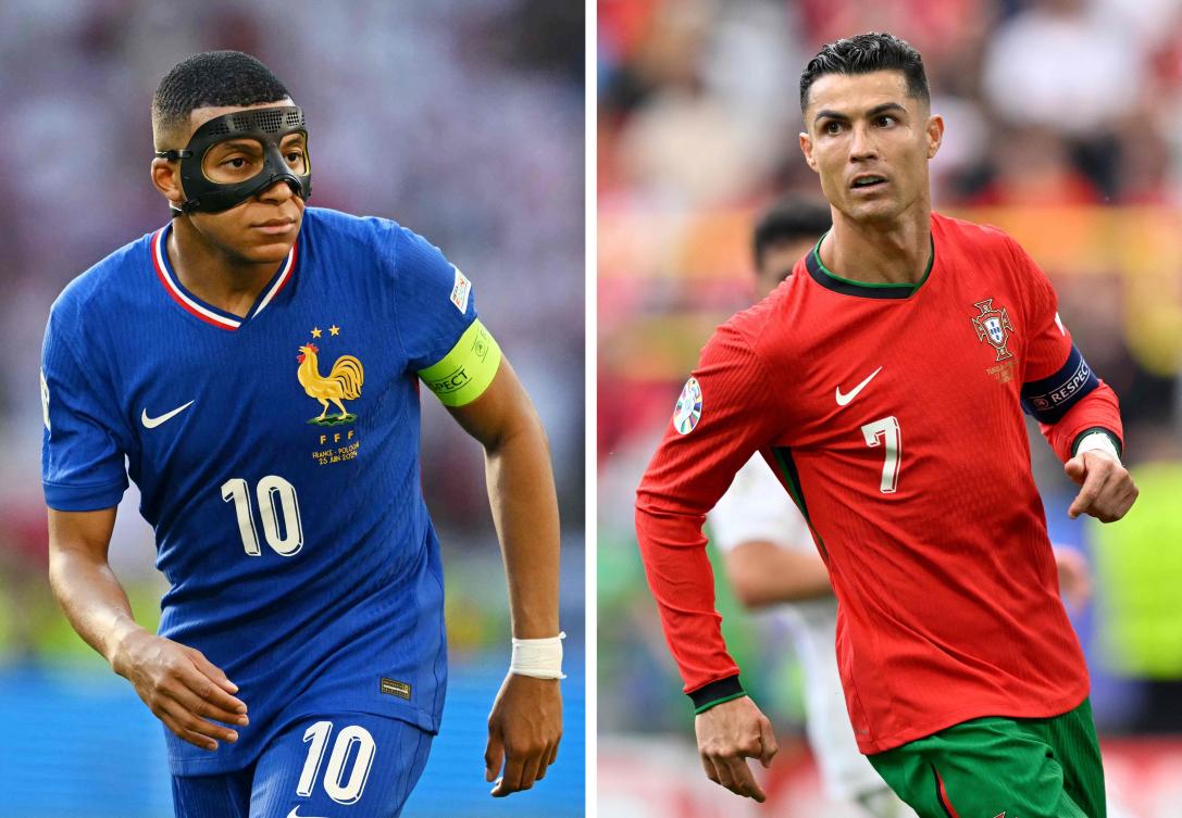 This combination file photos made on July 3, 2024, shows, at left France’s forward Kylian Mbappe and, at right, Portugal’s forward Cristiano Ronaldo. Portugal will play against France in Euro 2024 quarter-final at the Volksparkstadion Hamburg on Jul. 5, 2024. (AFP)