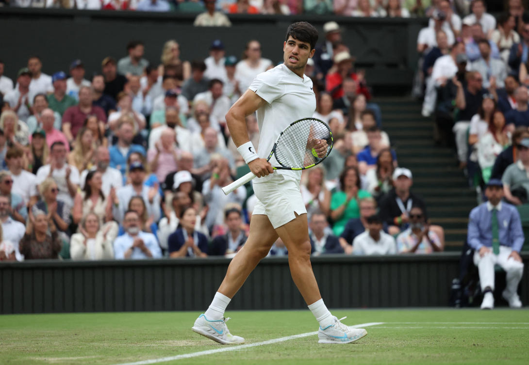 Spain’s Carlos Alcaraz reacts during the fourth set of his third round match against Frances Tiafoe of the US at Wimbledon — All England Lawn Tennis and Croquet Club, London on Jul. 5, 2024. (Reuters)