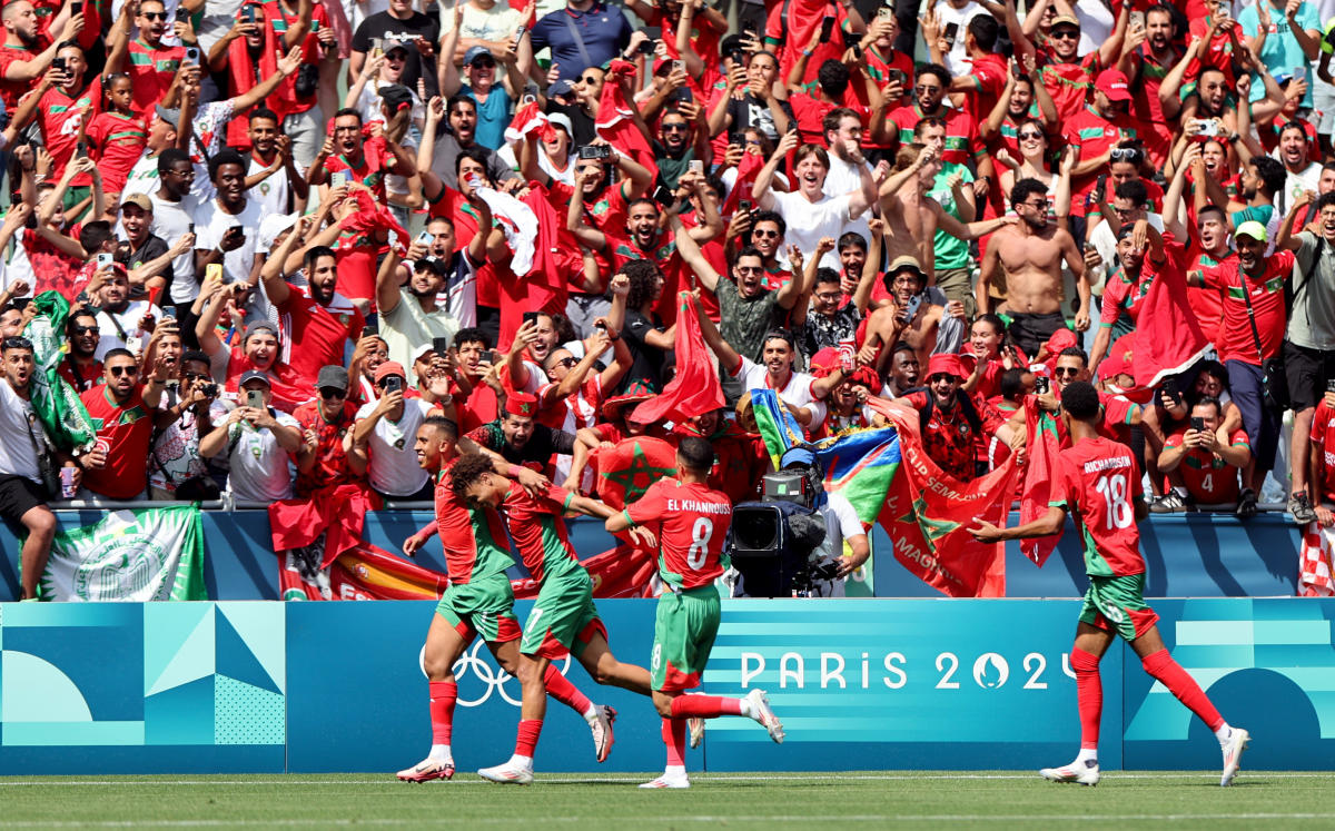 Soufiane Rahimi of Morocco celebrates scoring their second goal with teammates during their Paris 2024 Olympics — Football — Men’s Group B — match against Argentina at Geoffroy-Guichard Stadium, Saint-Etienne, on Jul. 24, 2024. (Reuters)
