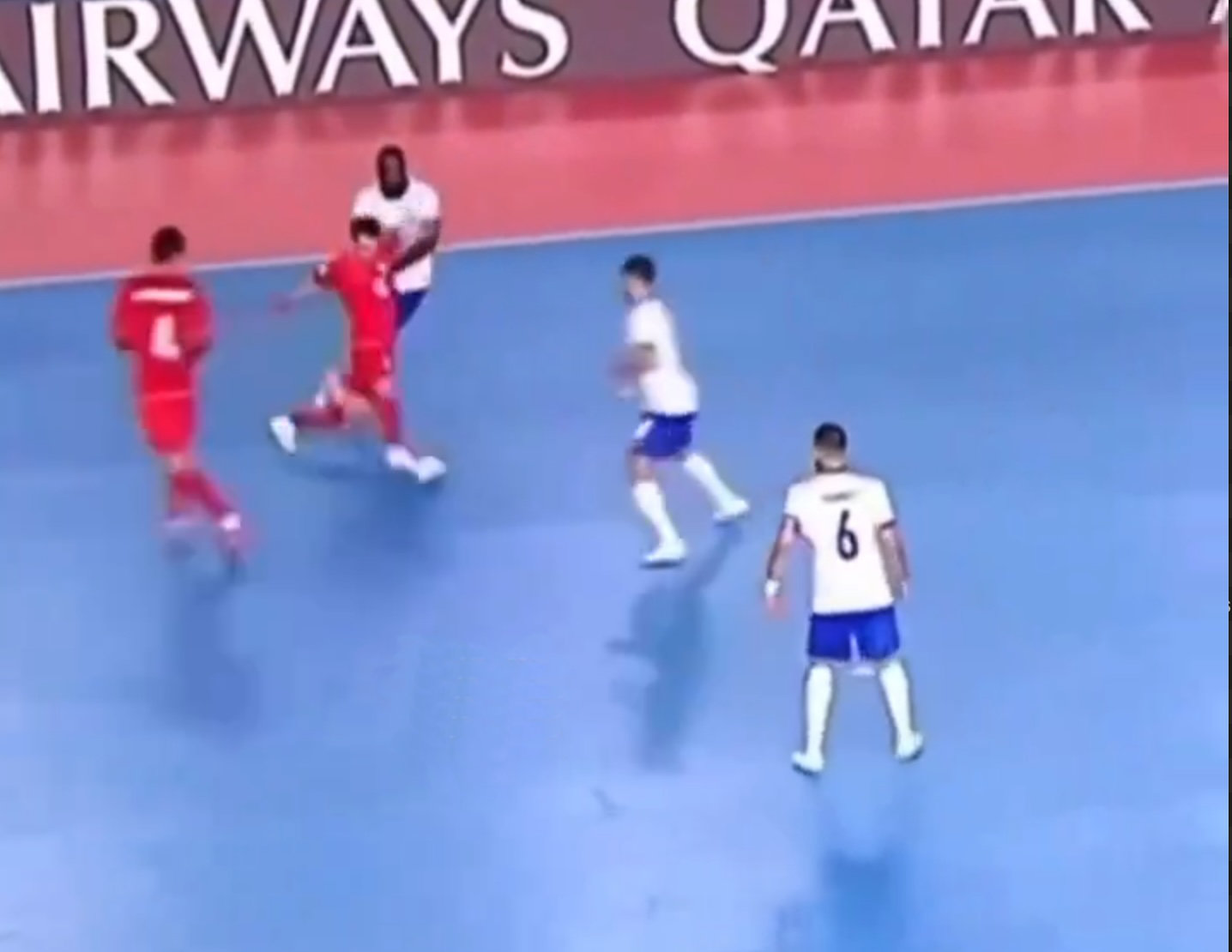 A screen grab from video widely shared on social media shows a bit of action during the match between France and Iran at the Futsal World Cup in Uzbekistan. (X: @XtraFRMF)