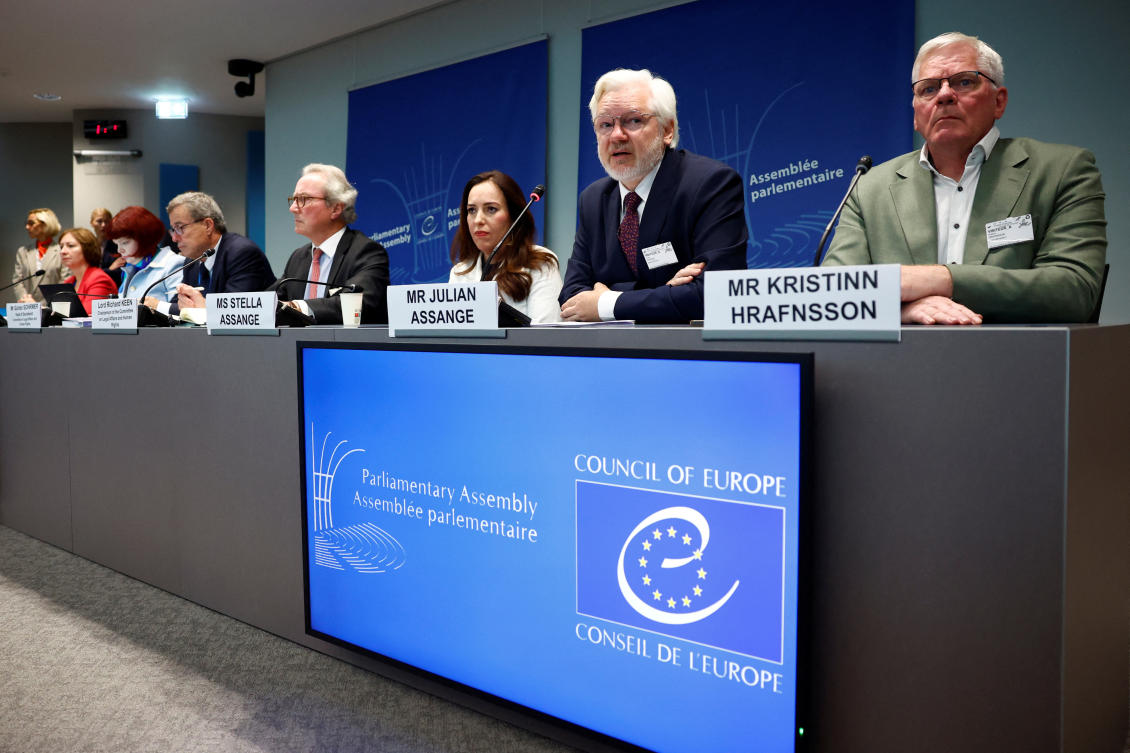 WikiLeaks' founder Julian Assange, his wife Stella Assange and Wikileaks Editor-in-Chief Kristinn Hrafnsson attend a hearing on Julian Assange's detention and conviction, in Strasbourg, France, October 1, 2024. (REUTERS)