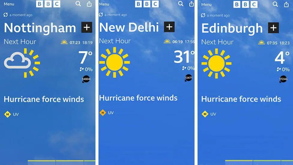 “Don’t worry folks, there isn’t a hurricane on the way today for Scotland, and Edinburgh isn’t going to see wind gusts of an impossible magnitude of 17246mph!,” BBC Scotland Weather said on X. (BBC/File)