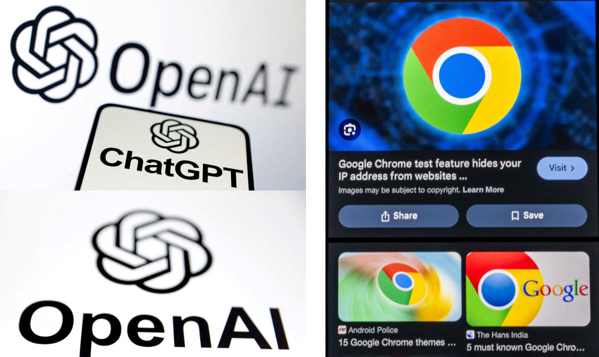 Combination of images showing the loigos of OpenAI and Chrome browse. From Reuters and AFP