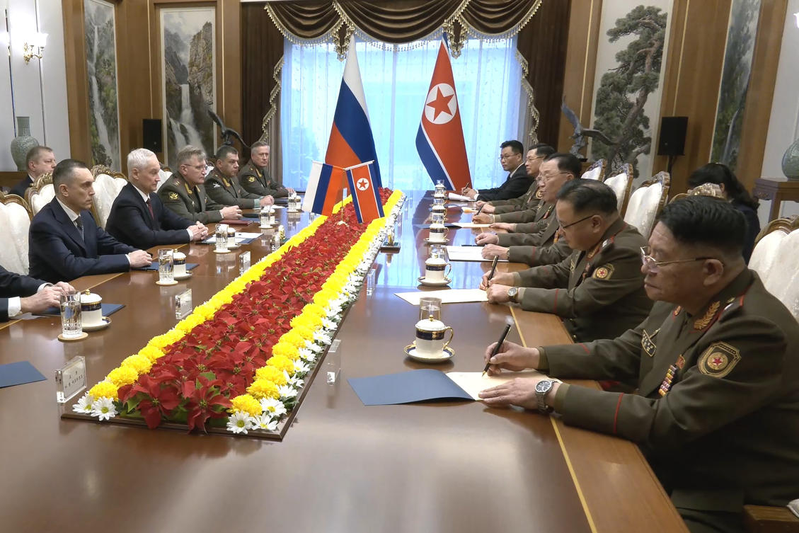 In this photo taken from a video released by Russian Defense Ministry press service, Russian Defense Minister Andrei Belousov, second left, speaks with North Korean Defense Minister No Kwang Chol, third right, during their meeting in Pyongyang, North Korea Friday, Nov. 29, 2024. (AP)