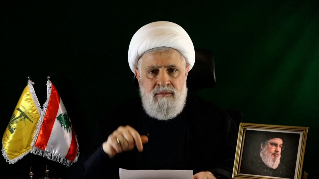 An image grab from Al-Manar TV shows Hezbollah chief Naim Qassem speaking from an undisclosed location on Oct. 15, 2024. (AFP)