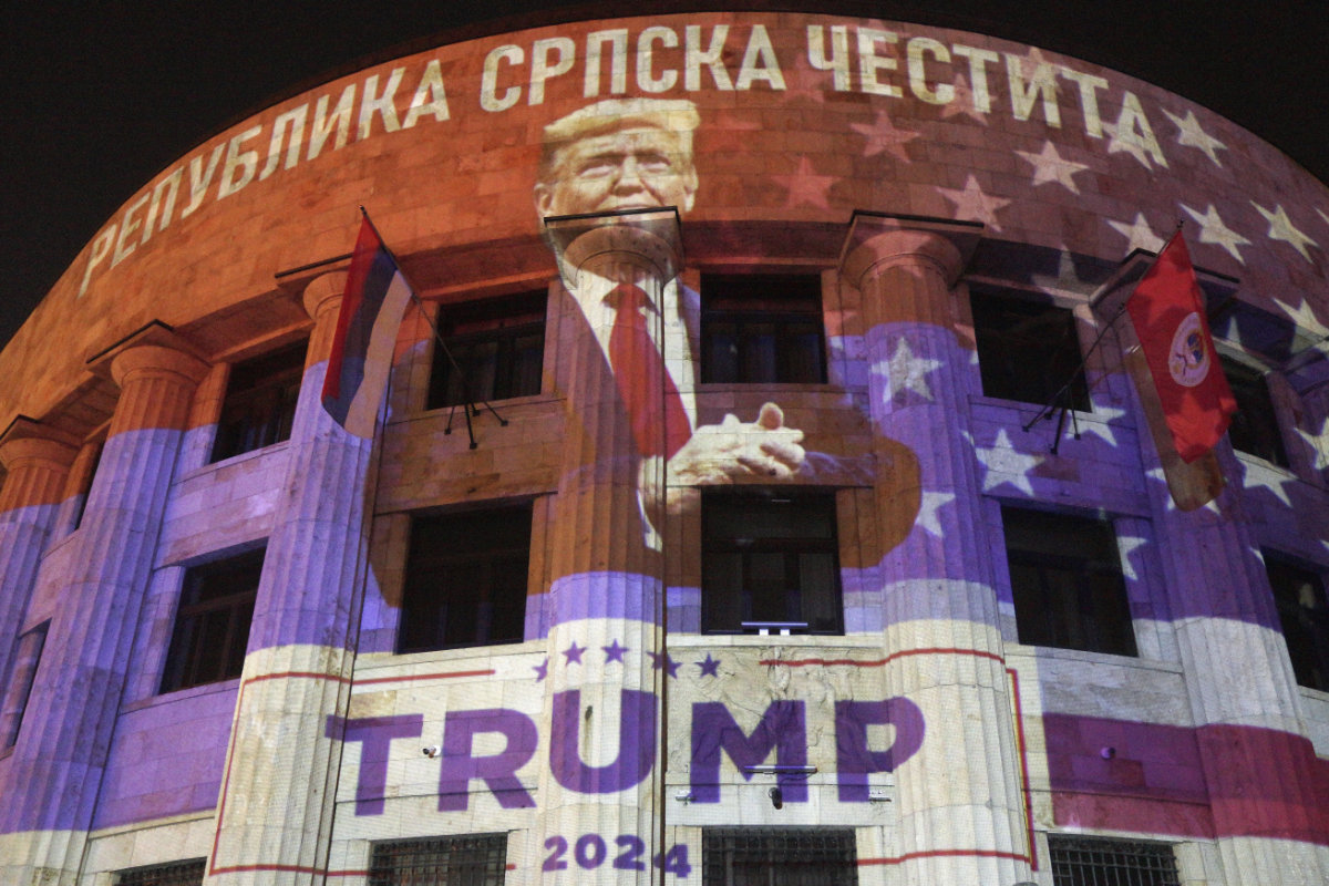The colors of the US flag is projected Wednesday at the Banja Luka palace in Bosnia to honor Donald Trump's election win. (AP)