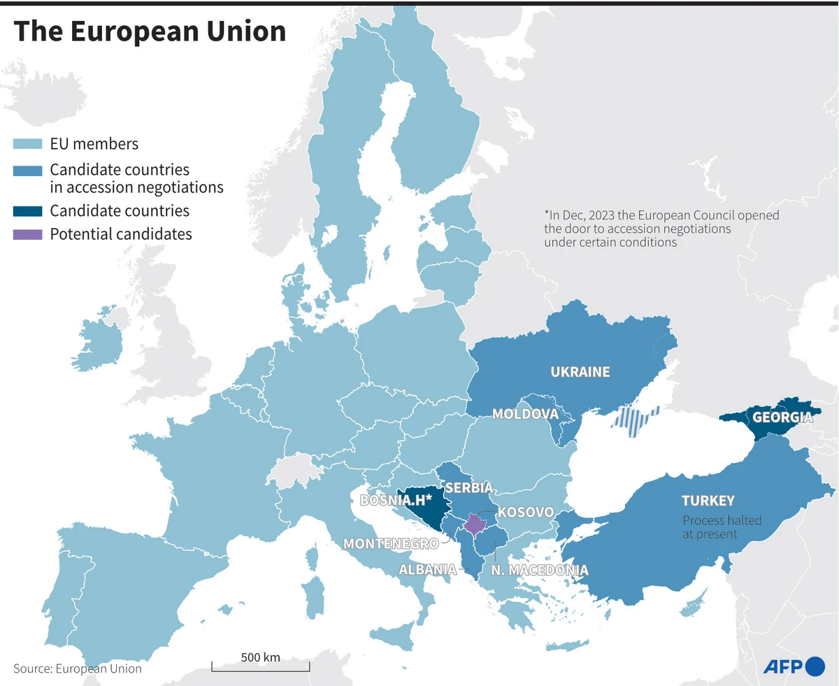 EU map showing Moldova and Georgia among the candidate countries for membership. (AFP)