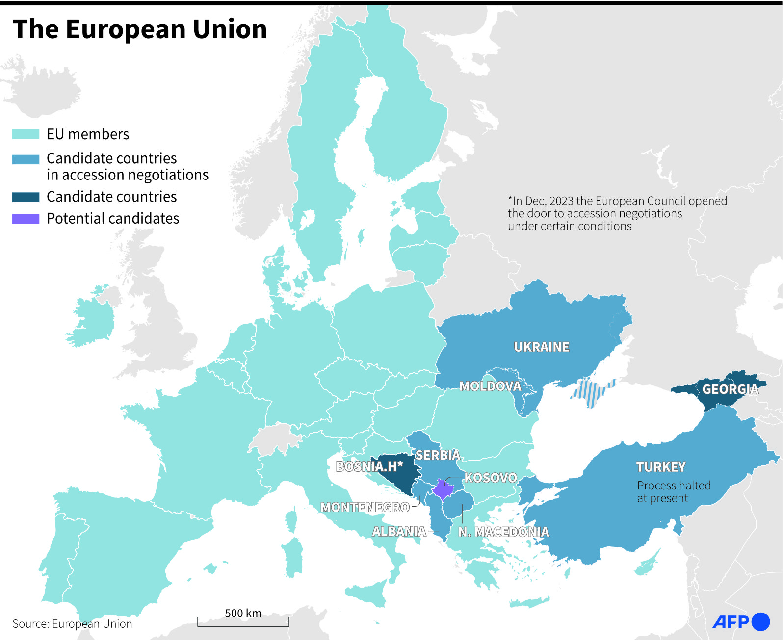 EU map showing Moldova and Georgia among the candidate countries for membership. (AFP)