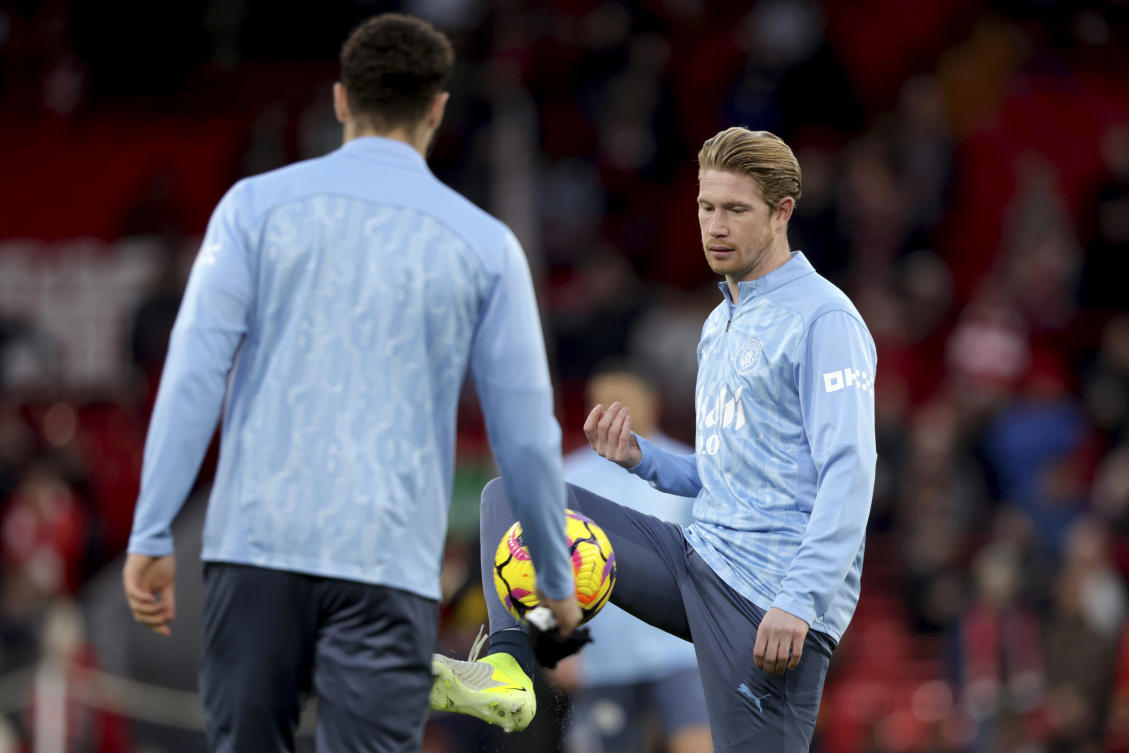 Manchester City’s Kevin De Bruyne kicks a ball during warmup before the English Premier League soccer match between Liverpool and Manchester City at Anfield Stadium, Liverpool, England, Sunday Dec. 1, 2024. (AP)