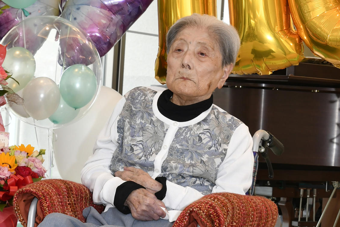 Tomiko Itooka celebrates her 116th birthday at the nursing home she lives in Ashiya, western Japan on May 23, 2024. (Ashiya City via AP)