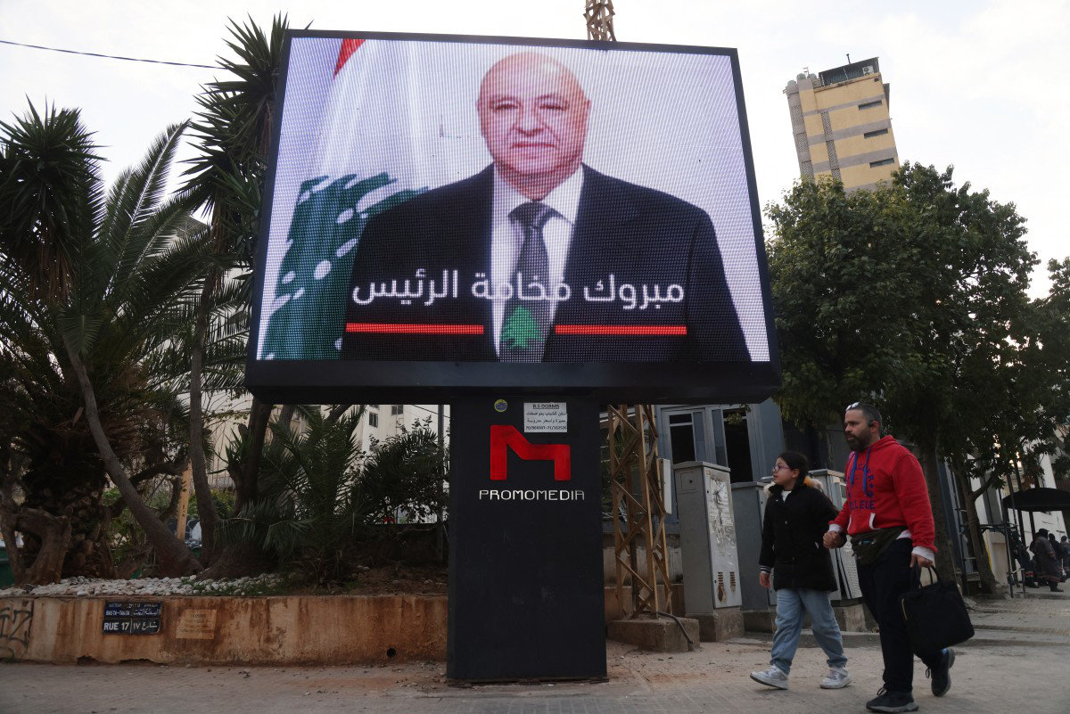 A billboard celebrating the election of army chief Joseph Aoun as Lebanon's president is seen in Beirut on Jan. 9, 2025. (AFP)