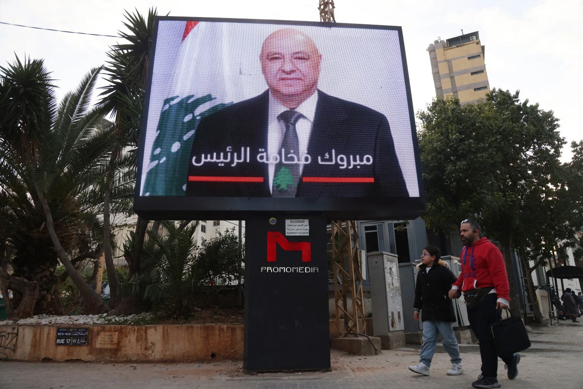 A billboard celebrating the election of army chief Joseph Aoun as Lebanon's president is seen in Beirut on Jan. 9, 2025. (AFP)