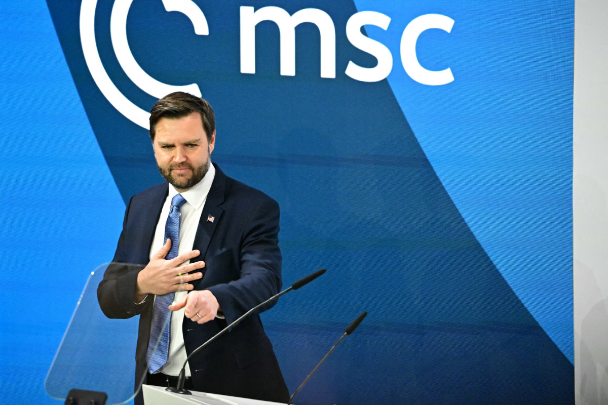 US Vice President JD Vance speaking at the Munich Security Conference in Germany on Febr. 14, 2025. (AFP)