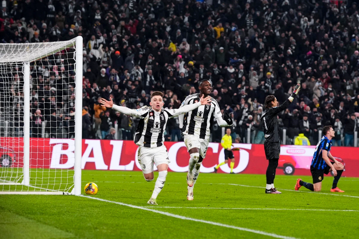 Juventus’ Francisco Conceicao celebrates after scoring the 1-0 goal for his team during the Italian Serie A match between Juventus and Inter Milan at the Juventus Stadium in Turin Sunday. (LaPresse via AP)