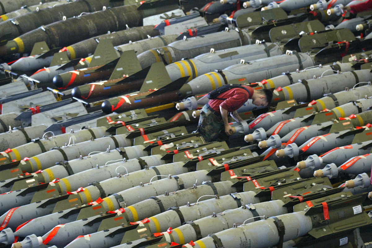 US-made 1,000 and 2,000-pound bombs are seen in the hangar bay of the USS Kitty Hawk in this file photo. The US on Friday approve the sale of $3 billion in munitions and bulldozers to Israel. (AFP)