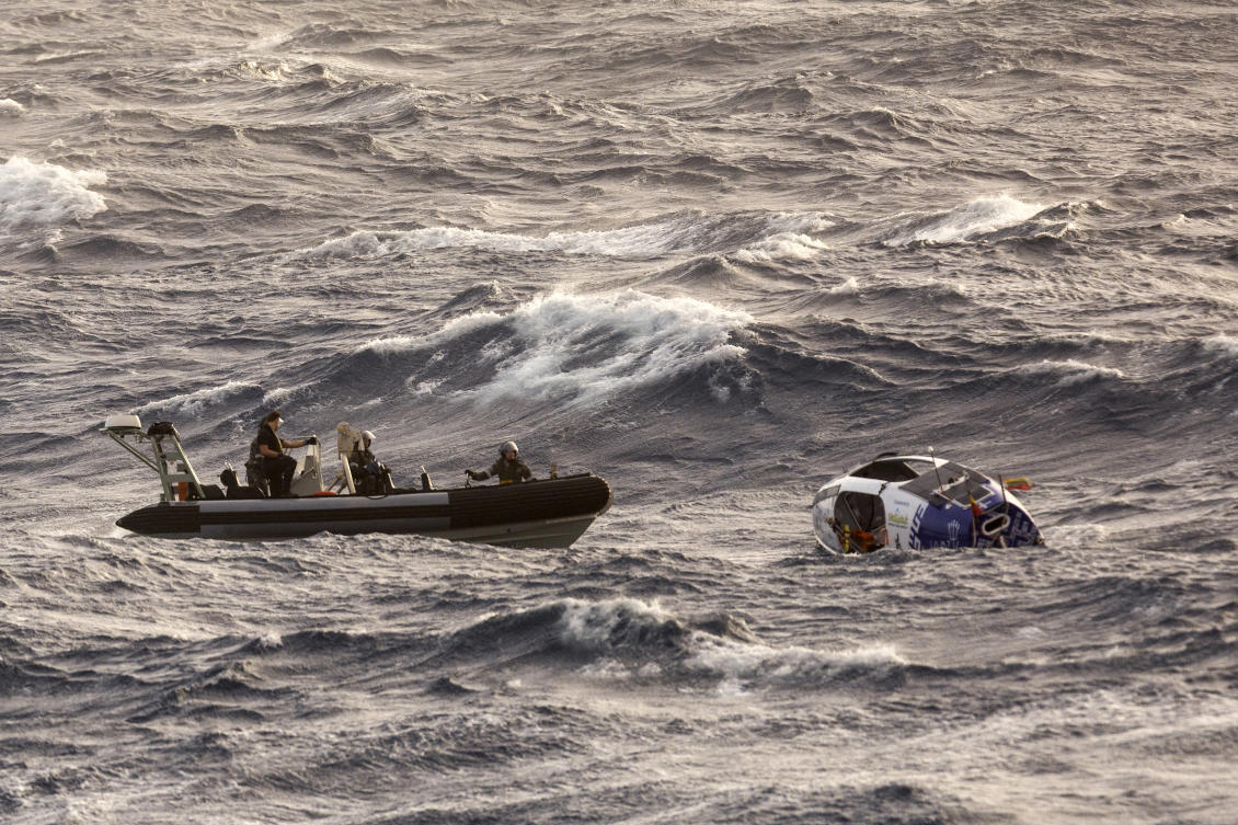 Australian sailors from HMAS Choules use an inflatable boat to rescue Lithuanian rower Aurimas Mockus on March 3, 2025. (Australian Defense Force via AP)