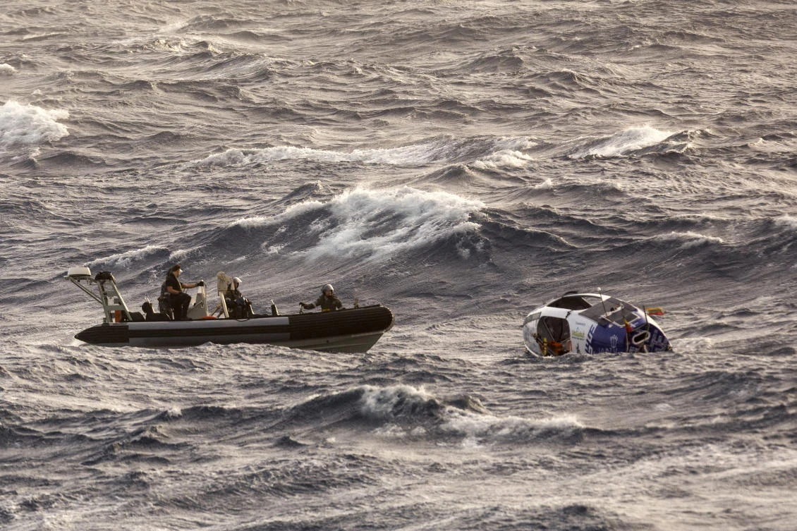 Australian sailors from HMAS Choules use an inflatable boat to rescue Lithuanian rower Aurimas Mockus on March 3, 2025. (Australian Defense Force via AP)