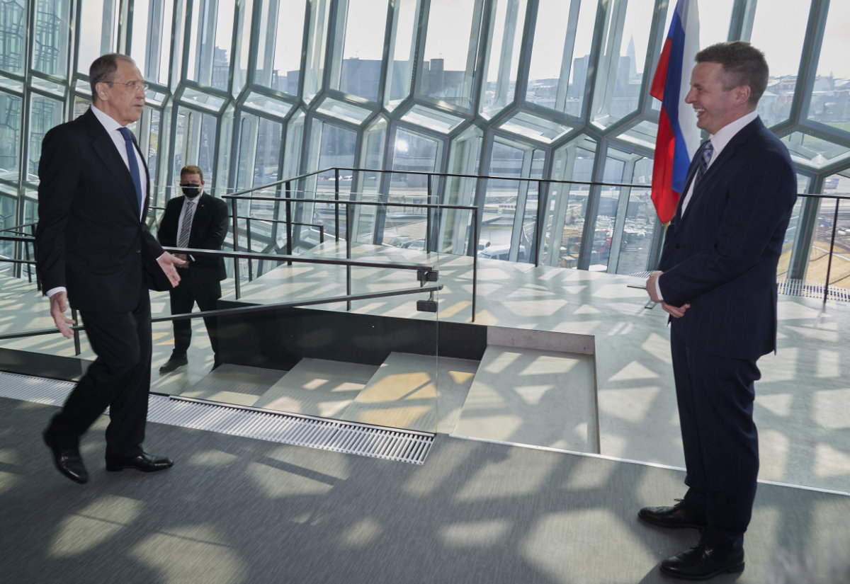 Russian FM Sergei Lavrov being welcomed in Iceland during the 12th Arctic Council ministerial meeting on May 20, 2021. (AFP)