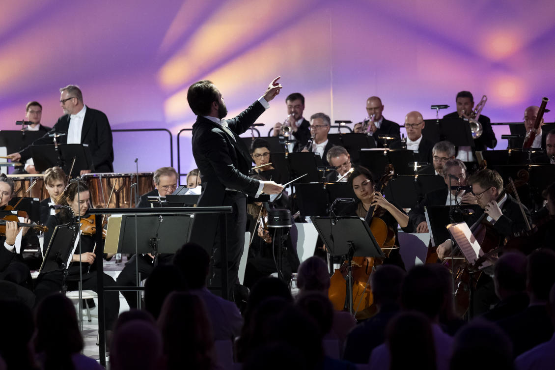 Members of the Vienna Symphony Orchestra perform “The Blue Danube” waltz in Vienna, Austria as it is transmitted into deep space toward Voyager 1 on May 31, 2025. (AP)