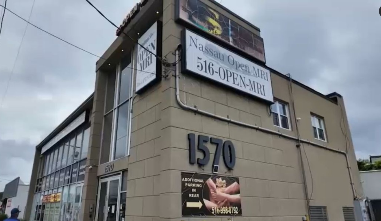 A man was hospitalized in New York after he was pulled into an MRI machine at Nassau Open MRI because he walked into the exam room wearing a large chain necklace, police said. (X/@ABC7NY)