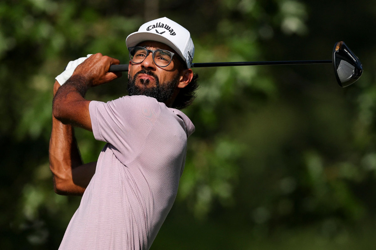 Akshay Bhatia hits a tee shot on the seventh hole during the first round of the FedEx St. Jude Championship 2025 at TPC Southwind on Aug. 7, 2025, in Memphis, Tennessee. (Getty Images via AFP)