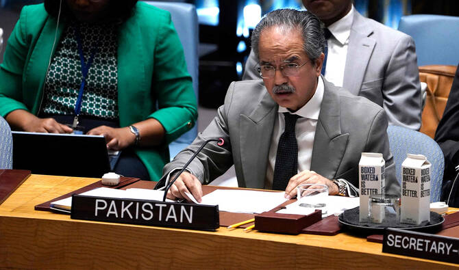 Pakistan's Ambassador to the UN Asim Iftikhar Ahmad speaks during an emergency United Nations Security Council meeting. (AFP)