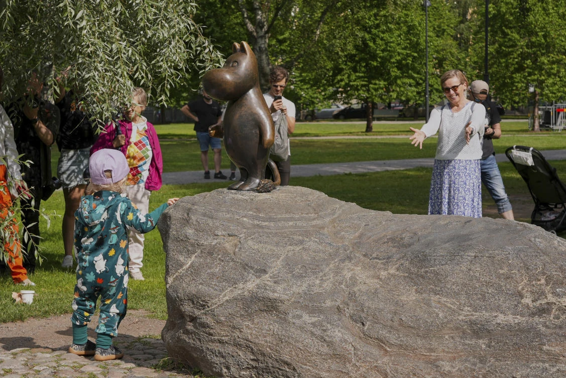 Fans celebrate the 80th anniversary of the publication of the Finnish children’s classic ‘The Moomins and The Great Flood’ and the birthday of the author Tove Jansson in Tampere, Finland on Aug. 9, 2025. (AP)