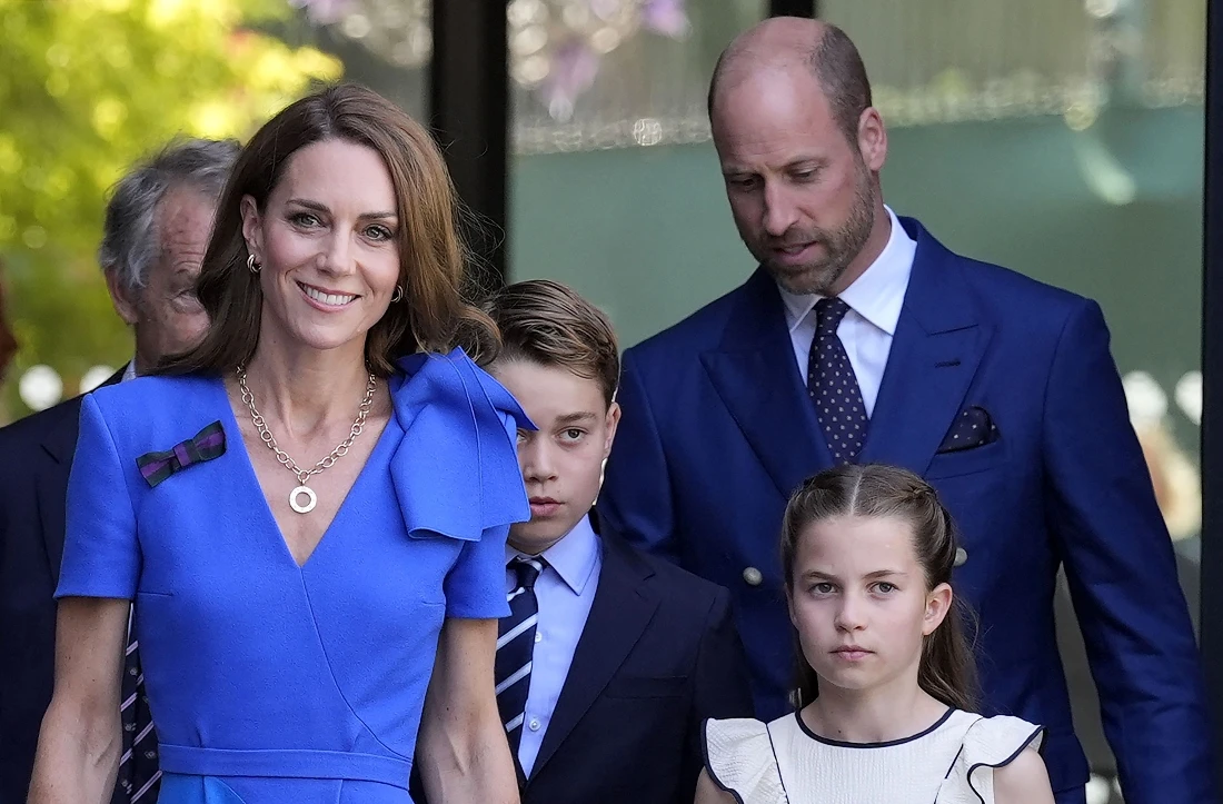 Britain's Catherine Princess of Wales, Princess Charlotte, Prince George, Prince William of Wales arrive to attend Wimbledon's men's singles final tennis match in Southwest London, UK. (AFP)
