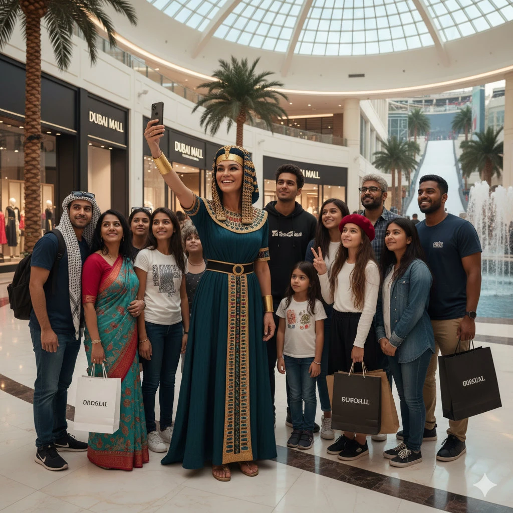AI-generated image of Cleopatra with expatriates in Dubai. (Courtesy of Gemini)