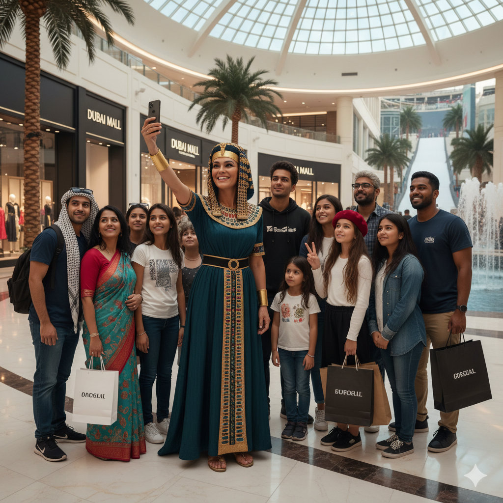 AI-generated image of Cleopatra with expatriates in Dubai. (Courtesy of Gemini)