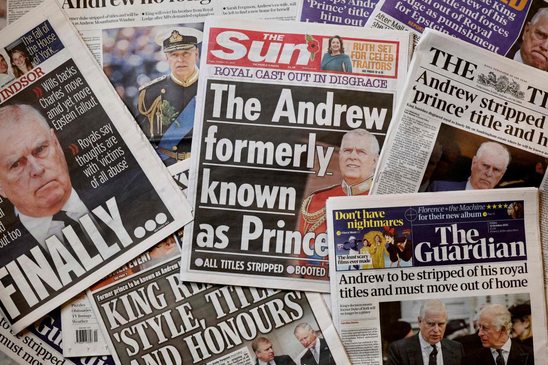 Stories about Andrew Mountbatten Windsor being stripped of his title of Prince, Duke of York dominta front pages of most of Britain’s national newspapers on Oct. 31, 2025. (AFP)
