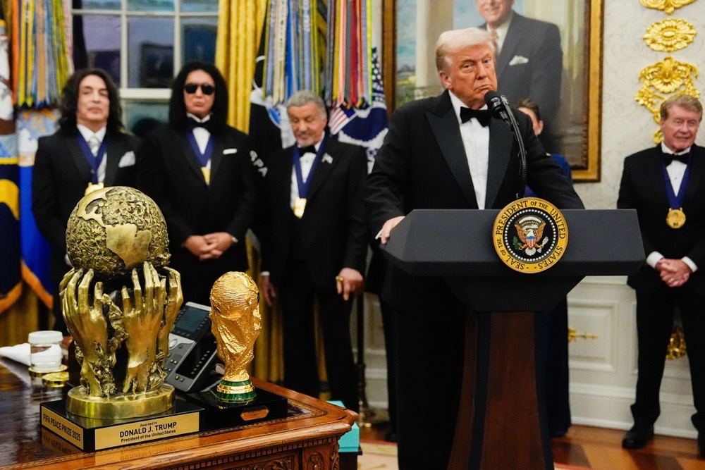 The president placed around each honoree’s neck a new medal that was designed, created and donated by jeweler Tiffany & Co., according to the Kennedy Center and Trump. (AP)