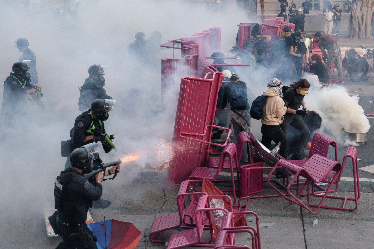 Police disperse demonstrators during a protest against immigration sweeps in Los Angeles on June 8, 2025. (REUTERS)