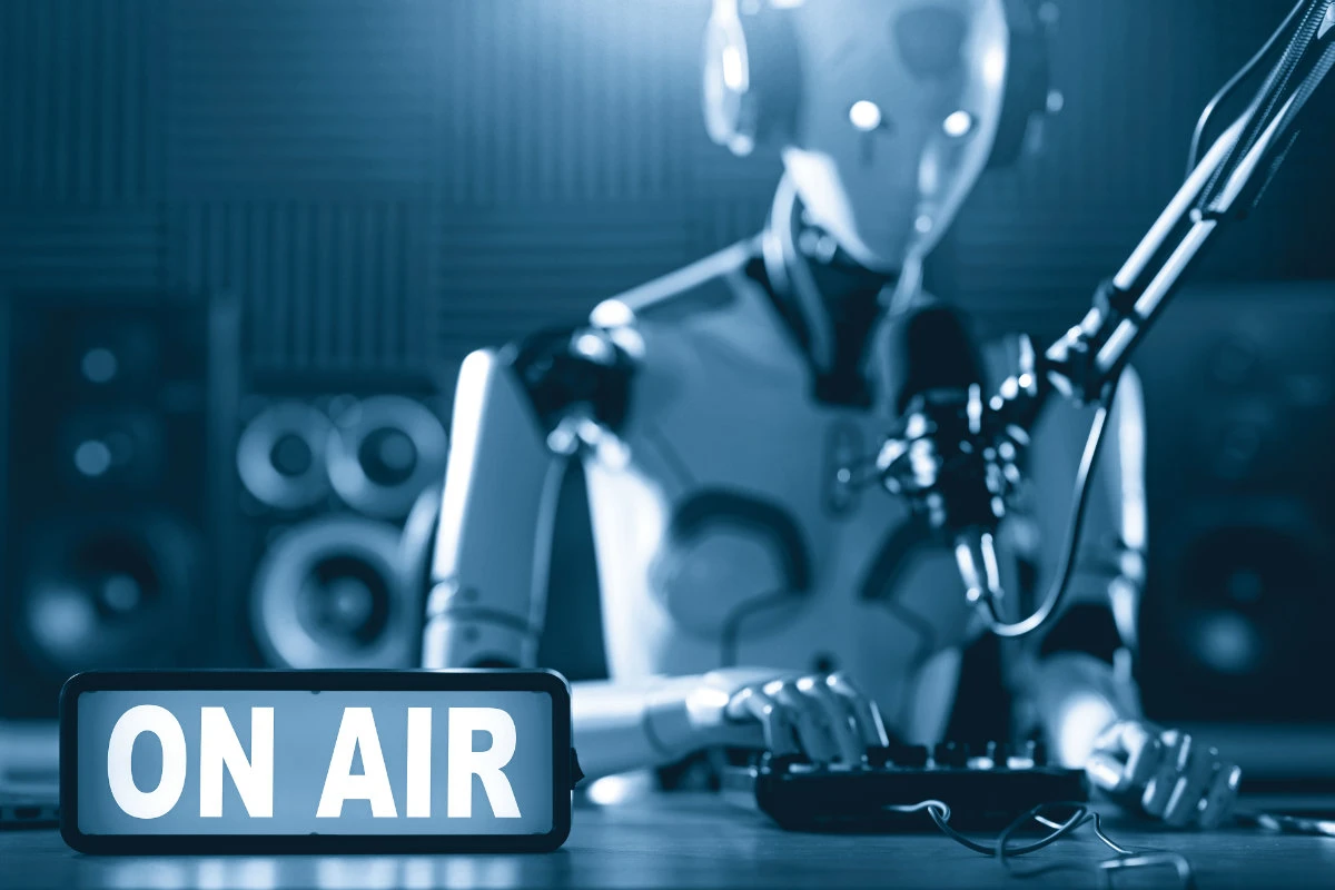 Humanoid AI robot working at the radio station studio, artificial intelligence and entertainment concept. (Shutterstock)