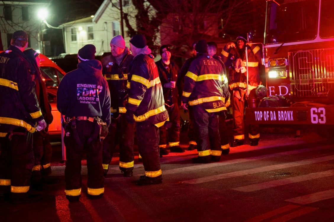 Firefighters work at the scene of a explosion and fire in a building in the Bronx borough of New York City, Jan. 24, 2026. (Reuters)