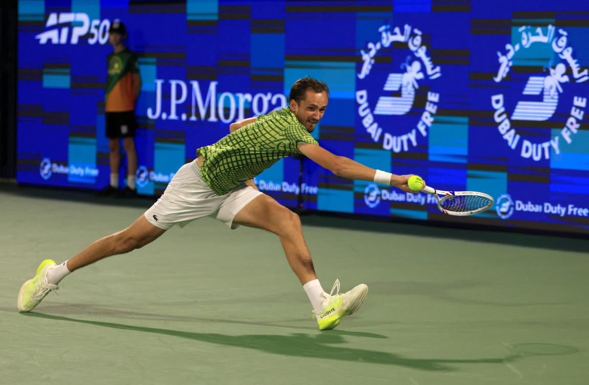 Russia's Daniil Medvedev in action during his semifinal match against Canada's Felix Auger Aliassime at the Dubai Tennis Stadium o February 27, 2026. (REUTERS)