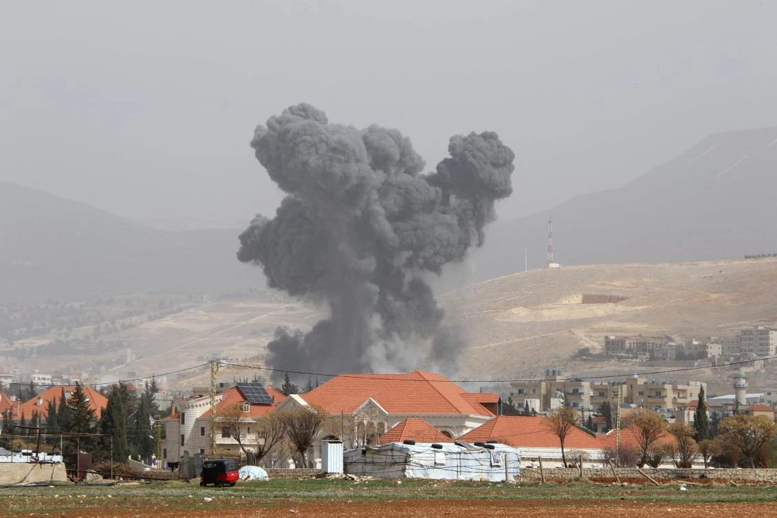 Smoke rises from the site of an Israeli air strike that targeted the village of Douris in the Bekaa valley on Mar. 12, 2026. (AFP)
