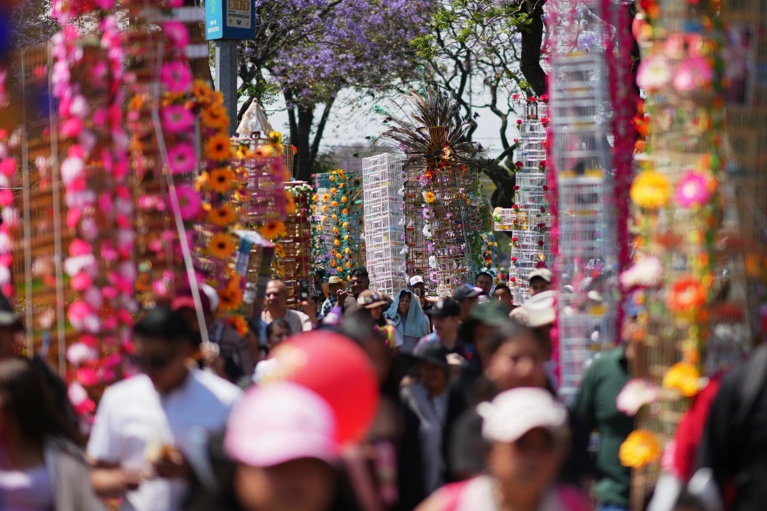 People walk with decorated bird cages during an annual pilgrimage of bird vendors to the Basilica of Guadalupe in Mexico City. (AP)