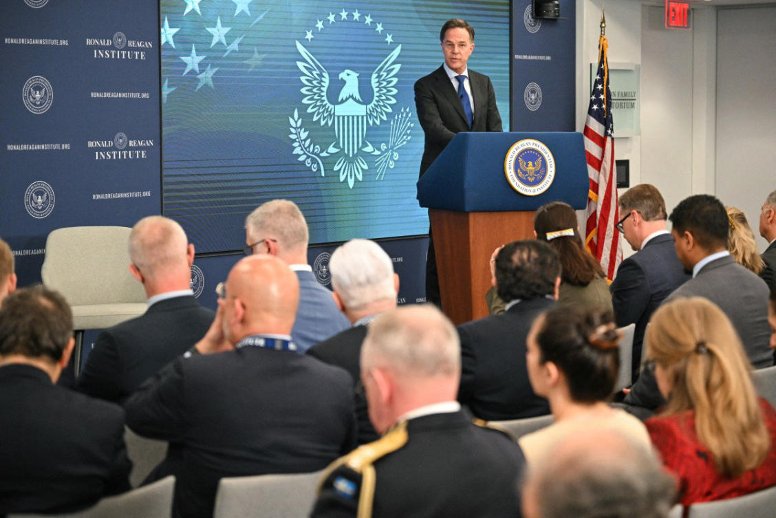 NATO Secretary-General Mark Rutte speaks at the Reagan Presidential Foundation and Institute in Washington, DC on April 9, 2026. (AFP)