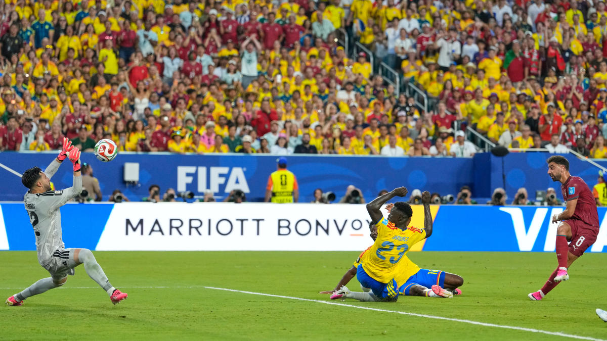 Colombia goalkeeper Camilo Vargas (12) saves a shot from Portugal's Bruno Fernandes (8) during the World Cup Group K soccer match between Colombia and Portugal in Miami Gardens, Florida on June 27, 2026. (AP)