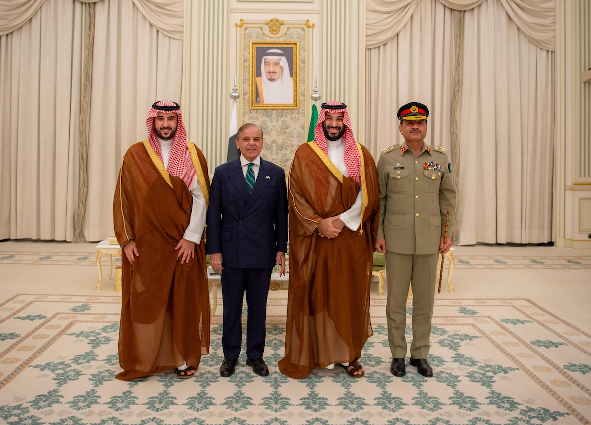 Saudi Crown Prince Mohammed bin Salman, Defense Minister Prince Khalid bin Salman, Pakistan’s PM Shehbaz Sharif.
